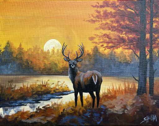 Deer At Sunset Lake Autumn Landscape How To Paint Acrylics