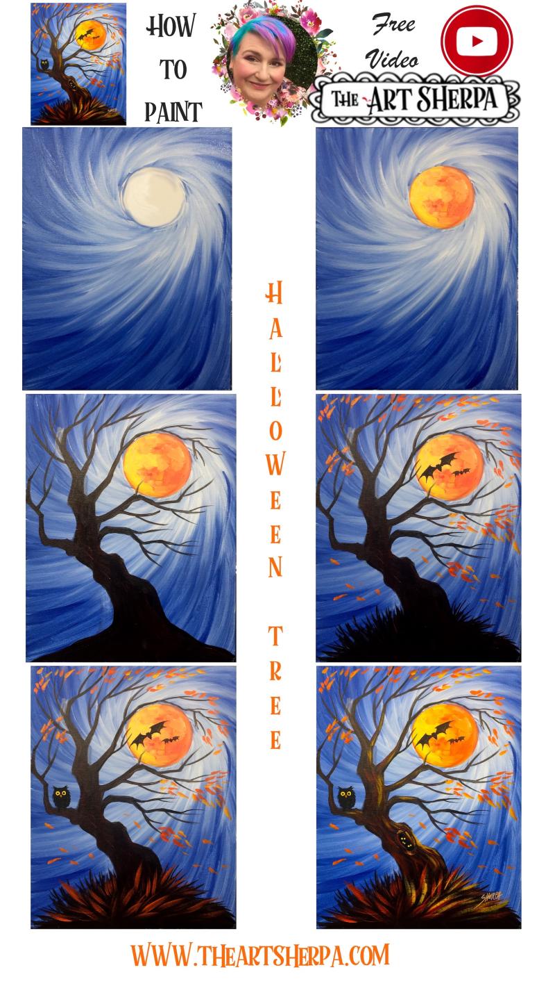 Spooky Tree Holding The Moon Easy Acrylic Painting Step By Step 13 Days Of Halloween The Art Sherpa