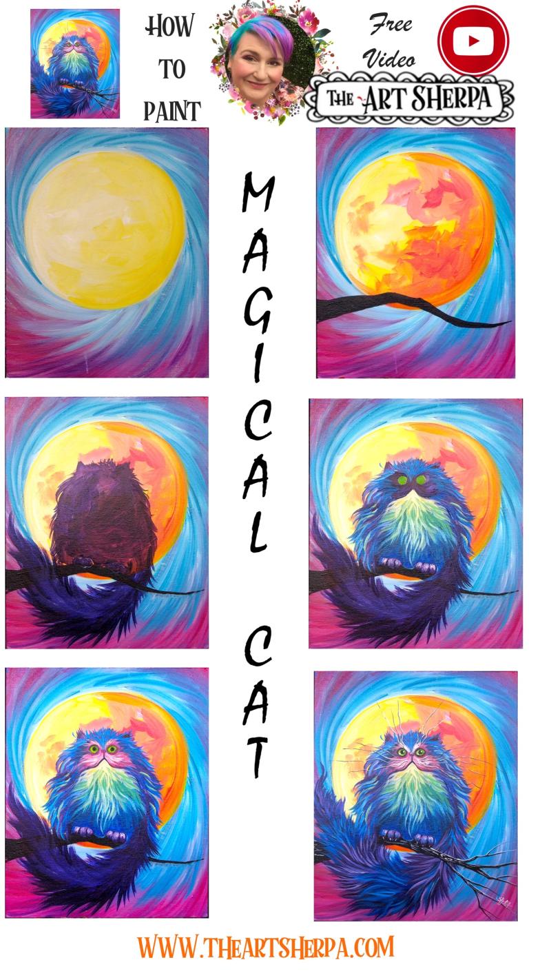 Easy Magical Fluffy Cat With Full Moon Easy Acrylic Painting Step By