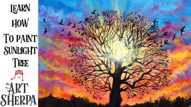 Sunset Tree Painting  Step by step Acrylic Tutorial Live stream The Art Sherpa