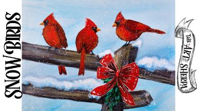 Cardinals on Fence in winter Red Bow Acrylic  painting step by step EASEL  | TheArtSherpa