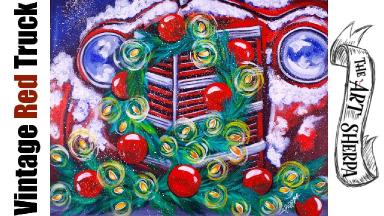 Old Red Truck Christmas Wreath Acrylic Painting Tutorial Live Stream| TheArtSherpa