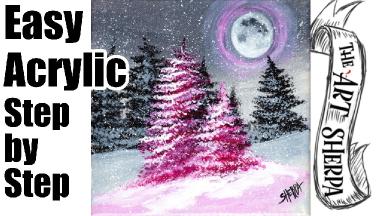 Easy Acrylic Painting Snowy Pine tree landscape with Fan Brush for beginners    | TheArtSherpa