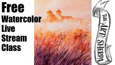 Live streaming watercolor class Fall Fantasy castle step by step | TheArtSherpa