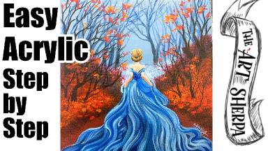 Live stream acrylic Art class Autumn Forest Fairytale Girl in Blue Dress | TheArtSherpa