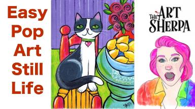 Easy Cat with Lemons Pop art style Still life Acrylic tutorial  live stream  | TheArtSherpa