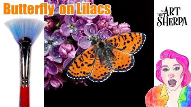 Realistic Butterfly on Lilacs with Waterdrops acrylic Tutorial | TheArtSherpa