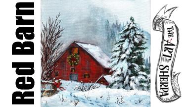 Red Winter Barn landscape  acrylic painting tutorial step by step | TheArtSherpa