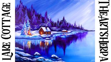 Winter Landscape with glowing lake Reflections Acrylic painting Tutorial | TheArtSherpa