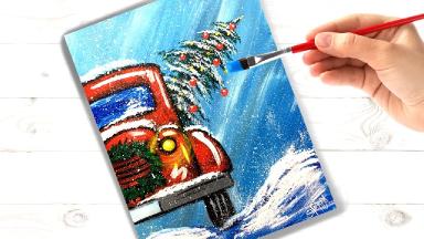 How to paint a Vintage Red Truck in Snow Easy Acrylic painting tutorial step by step | TheArtSherpa