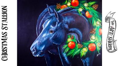 Black Christmas Stallion Acrylic Tutorial step by step Beginners  | TheArtSherpa