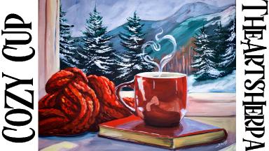 How to Paint Book Red coffee Cup Snowscape Window Fantasy | acrylic tutorial | TheArtSherpa