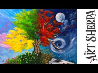 How to paint with Acrylic on Canvas 4 season Tree step by step tutorial