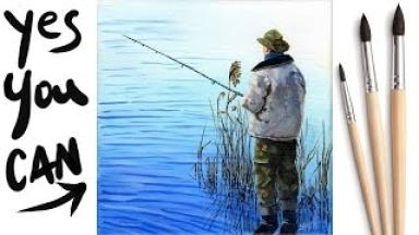 Easy Man fishing at a lake Step by step Acrylic Tutorial Day8  #AcrylicApril2021​​ | TheArtSherpa