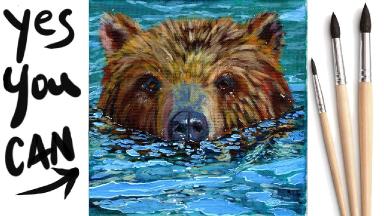 BEAR IN RIVER WATER Beginners Learn to paint Acrylic Tutorial Step by Step Day 11  #AcrylicApril2021