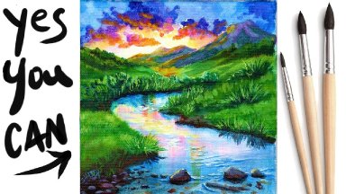 MOUNTAIN MEADOW STREAM Beginners Learn to paint Acrylic Step by Step Day 12 #AcrylicApril2021