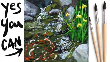 KOI POND WATERFALL Beginners Learn to paint Acrylic Tutorial Step by Step Day  13 #AcrylicApril2021