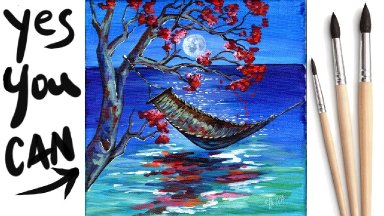HAMMOCK SEASCAPE MOONLIGHT Beginners Learn to paint Acrylic Tutorial  Day 22 #AcrylicApril2021