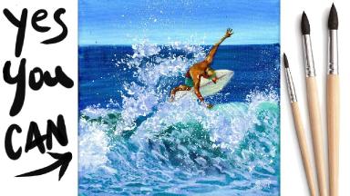 SURFER IN A WAVE Beginners Learn to paint Acrylic Tutorial Step by Step Day 26 #AcrylicApril2021