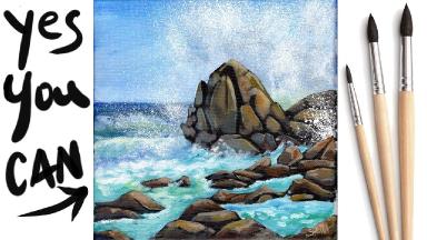 OCEAN WAVES CRASHING ON ROCKS Beginners Acrylic Tutorial Step by Step Day 28 #AcrylicApril2021