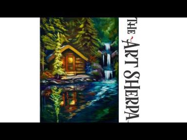 How to paint a Cabin by a Lake waterfall and reflection in Acrylic Paint