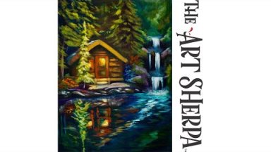 How to paint a Cabin by a Lake waterfall and reflection in Acrylic Paint
