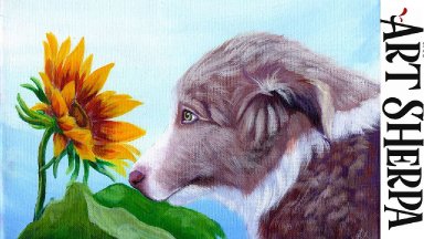 BORDER COLLIE PUPPY WITH SUNFLOWER Beginners Learn to paint Acrylic Tutorial Step by Step BAQ2021