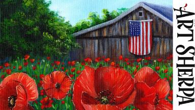 RED POPPY FIELD OLD BARN Beginners Learn to paint Acrylic Tutorial Step by Step LIVE STREAMING