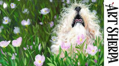 FLUFFY DOG IN FLOWERS BAQ  Beginners Learn to paint Acrylic Tutorial Step by Step