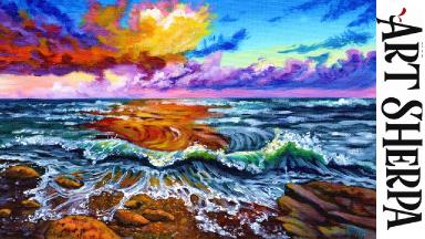 OCEAN SUNSET WAVES Beginners Learn to paint Acrylic Tutorial Step by Step