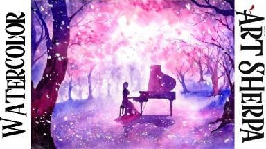 Girl Piano Magic  Forest Easy How to Paint Watercolor Step by step | The Art Sherpa