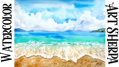 Blue Sky Sand and Waves Easy How to Paint Watercolor Step by step | The Art Sherpa