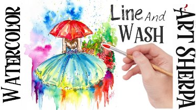 Line and Wash Umbrella Girl Garden Easy How to Paint Watercolor Step by step | The Art Sherpa