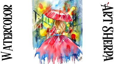 Girl in the Rain Red Dress Easy How to Paint Watercolor Line and Wash Step by step | The Art Sherpa