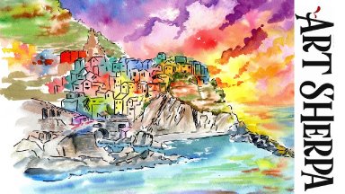 Manarola Village LINE and WASH Easy How to Paint Watercolor Step by step | The Art Sherpa