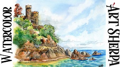 Castle on the Sea LINE AND WASH Easy How to Paint Watercolor Step by step | The Art Sherpa