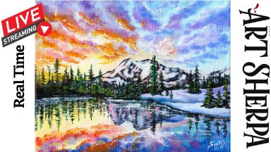 SUNSET LAKE SNOWY MOUNTAIN Beginners Learn to paint Acrylic Tutorial Step by Step