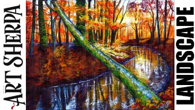 Autumn Forest Sunset Stream Fallen Tree Beginners Learn to paint Acrylic Tutorial Step by Step