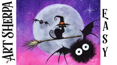 Witch cat on a Broom acrylic painting Beginners Learn to paint Acrylic Tutorial Step by Step