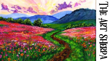 Cosmo Flower Field at Sunset Beginners Learn to paint Acrylic Tutorial Step by Step