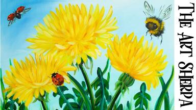 Acrylic Tutorial Step by Step Dandelion flower Ladybug Bumblebee painting | The Art Sherpa