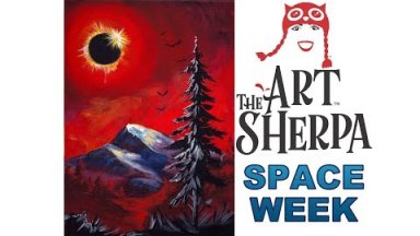 How to Paint with Acrylic Mountain and Pine tree Eclipse in Red #spaceweek