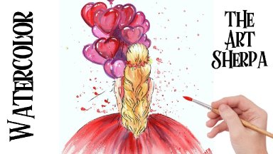 Heart Balloon Valentines Girl  Easy How to Paint Watercolor Step by step | The Art Sherpa