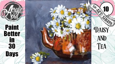Daisy and Copper Tea Kettle  Easy Acrylic Tutorial Step by Step Day 10   #AcrylicApril2022