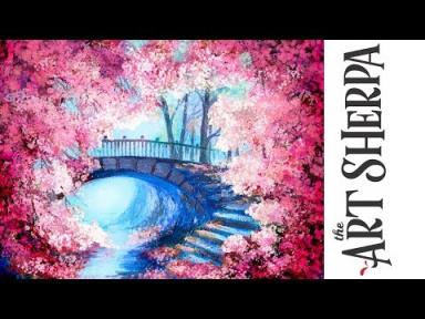 Cherry Tree Bridge How to paint with Acrylic on Canvas Artist knife
