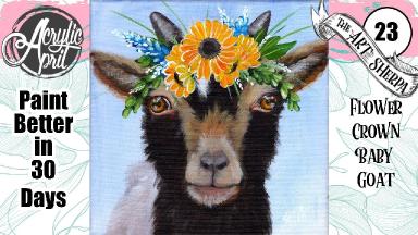 Baby Goat with Sunflower Flower Crown  Acrylic Tutorial Step by Step Day 23   #AcrylicApril2022