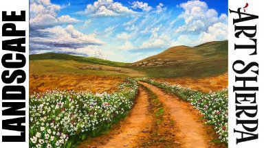 Landscape Path Wildflowers Big Sky Clouds Acrylic Tutorial Step by Step | The Art Sherpa