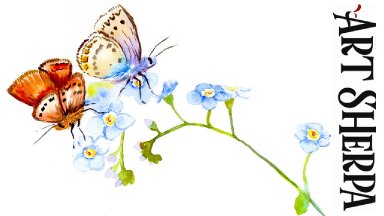 Forget Me not flowers and butterflies Easy How to Paint Watercolor Step by step | The Art Sherpa