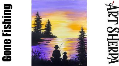 Father And Child Fishing Sunset EASY Beginners Acrylic Painting