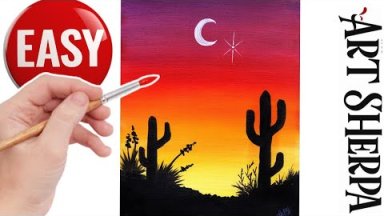 EASY Desert Sunset With Cactus acrylic painting    Beginner Step by Step The Art Sherpa